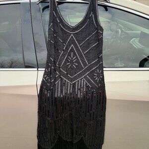 Black Sequin Fringed Dress New Sz. S/M stretchy w accessories NEW (Flapper 20s)